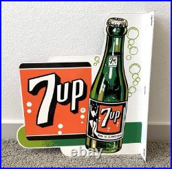 Vintage Large 7up Double Sided Flange Soda Pop 7 Up Porcelain Gas Oil Ad Sign