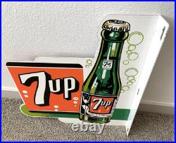 Vintage Large 7up Double Sided Flange Soda Pop 7 Up Porcelain Gas Oil Ad Sign
