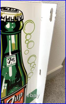 Vintage Large 7up Double Sided Flange Soda Pop 7 Up Porcelain Gas Oil Ad Sign