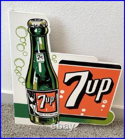 Vintage Large 7up Double Sided Flange Soda Pop 7 Up Porcelain Gas Oil Ad Sign