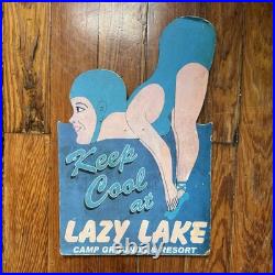 Vintage Lazy Lake Keep Cool Camp Grounds & Resort Original Advertising Sign