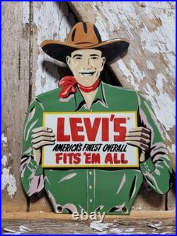 Vintage Levi Porcelain Sign Rare Old Denim Jeans Levi's Western Cowboy Hat Ranch