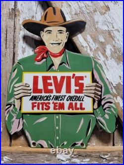 Vintage Levi Porcelain Sign Rare Old Denim Jeans Levi's Western Cowboy Hat Ranch