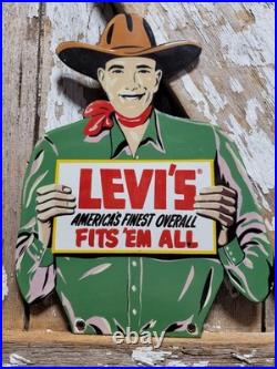 Vintage Levi Porcelain Sign Rare Old Denim Jeans Levi's Western Cowboy Hat Ranch