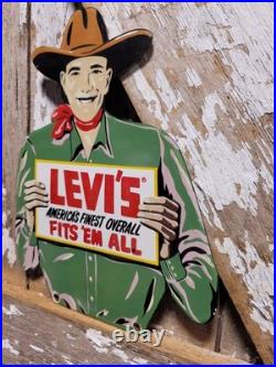 Vintage Levi Porcelain Sign Rare Old Denim Jeans Levi's Western Cowboy Hat Ranch