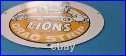Vintage Lions Drag Strip Porcelain Racing Hot Rod Gas Service Station Pump Sign