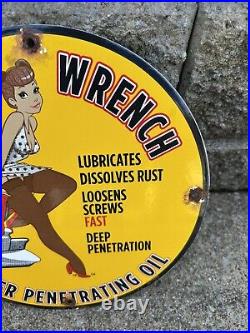 Vintage Liquid Wrench Porcelain Sign Auto Wrench Gas Service Garage Shop Sign