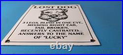 Vintage Lost Dog Porcelain Sign Wanted Notice Missing Gas Pump Plate Sign