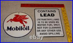 Vintage Lot 2 Diecut Porcelain Mobil Mobiloil & Gasoline Contains Lead Oil Sign