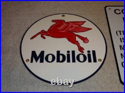 Vintage Lot 2 Diecut Porcelain Mobil Mobiloil & Gasoline Contains Lead Oil Sign