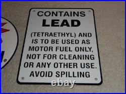 Vintage Lot 2 Diecut Porcelain Mobil Mobiloil & Gasoline Contains Lead Oil Sign
