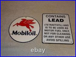 Vintage Lot 2 Diecut Porcelain Mobil Mobiloil & Gasoline Contains Lead Oil Sign