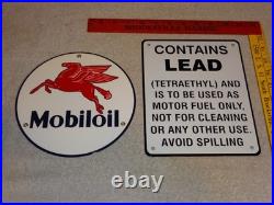 Vintage Lot 2 Diecut Porcelain Mobil Mobiloil & Gasoline Contains Lead Oil Sign