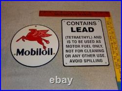 Vintage Lot 2 Diecut Porcelain Mobil Mobiloil & Gasoline Contains Lead Oil Sign