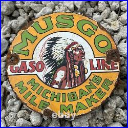 Vintage MUSGO Gasoline Porcelain Sign Indian Chief 6 Medallion Gas Pump & Oil