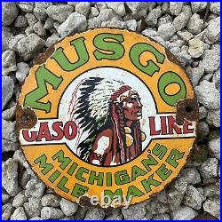 Vintage MUSGO Gasoline Porcelain Sign Indian Chief 6 Medallion Gas Pump & Oil