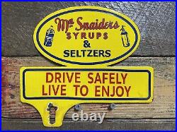 Vintage Ma Snaiders Porcelain Topper Sign Syrups Seltzer Soda Remedy Gas & Oil