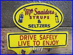 Vintage Ma Snaiders Porcelain Topper Sign Syrups Seltzer Soda Remedy Gas & Oil