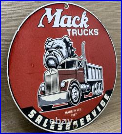 Vintage Mack Trucks Porcelain Dealership Sign Gas Sales Service Oil Bull Dog