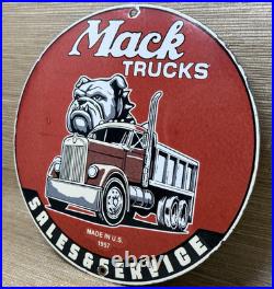 Vintage Mack Trucks Porcelain Dealership Sign Gas Sales Service Oil Bull Dog
