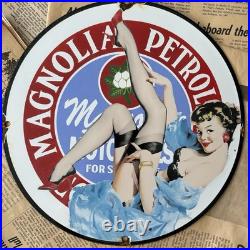 Vintage Magnolia Petroleum Motor Oils Pin-up 12 Inch Porcelain Enamel Sign