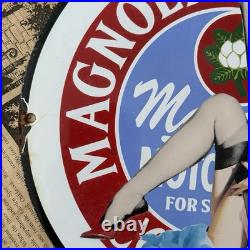 Vintage Magnolia Petroleum Motor Oils Pin-up 12 Inch Porcelain Enamel Sign