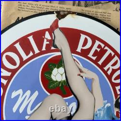 Vintage Magnolia Petroleum Motor Oils Pin-up 12 Inch Porcelain Enamel Sign