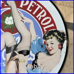 Vintage Magnolia Petroleum Motor Oils Pin-up 12 Inch Porcelain Enamel Sign