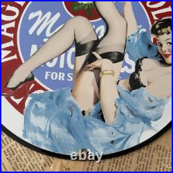 Vintage Magnolia Petroleum Motor Oils Pin-up 12 Inch Porcelain Enamel Sign