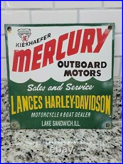 Vintage Mercury Porcelain Sign Boat Motor Harley Davidson Dealer Fishing Gas Oil