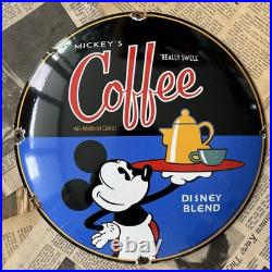 Vintage Mickey's Coffee Disney Blend 12 Inch Convex Porcelain Enamel Sign
