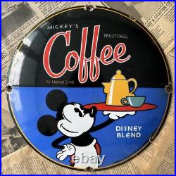 Vintage Mickey's Coffee Disney Blend 12 Inch Convex Porcelain Enamel Sign