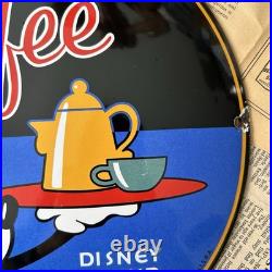 Vintage Mickey's Coffee Disney Blend 12 Inch Convex Porcelain Enamel Sign