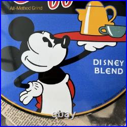 Vintage Mickey's Coffee Disney Blend 12 Inch Convex Porcelain Enamel Sign