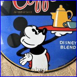 Vintage Mickey's Coffee Disney Blend 12 Inch Convex Porcelain Enamel Sign