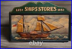 Vintage Mid 20th Century Hand Carved/Painted Advertising Sign- Ships Stores 1851