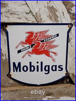 Vintage Mobil Porcelain Sign Mobilgas Double Powered Gas Station Shield Pegasus