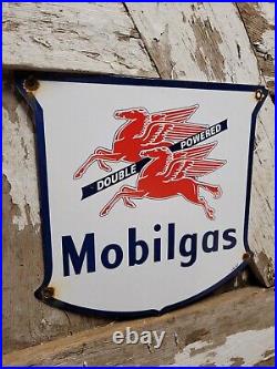 Vintage Mobil Porcelain Sign Mobilgas Double Powered Gas Station Shield Pegasus