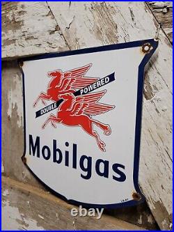 Vintage Mobil Porcelain Sign Mobilgas Double Powered Gas Station Shield Pegasus