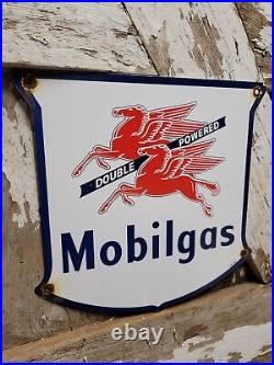 Vintage Mobil Porcelain Sign Mobilgas Double Powered Gas Station Shield Pegasus