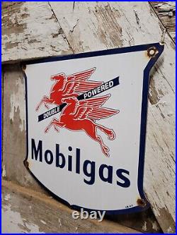 Vintage Mobil Porcelain Sign Mobilgas Double Powered Gas Station Shield Pegasus