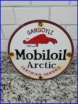 Vintage Mobil Porcelain Sign Mobiloil Arctic Gargoyle Old Gas Oil Station Round