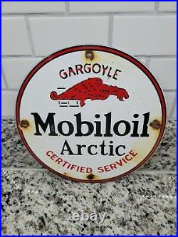 Vintage Mobil Porcelain Sign Mobiloil Arctic Gargoyle Old Gas Oil Station Round