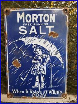 Vintage Morton Porcelain Sign Salt General Store Food Condiment Girl Gas Grocery