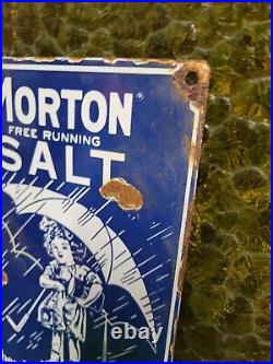 Vintage Morton Porcelain Sign Salt General Store Food Condiment Girl Gas Grocery