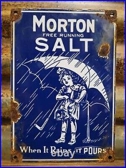 Vintage Morton Salt Porcelain Sign Old General Store Food Kitchen Girl Grocery