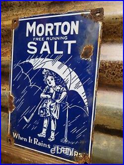 Vintage Morton Salt Porcelain Sign Old General Store Food Kitchen Girl Grocery