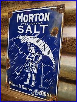 Vintage Morton Salt Porcelain Sign Old General Store Food Kitchen Girl Grocery