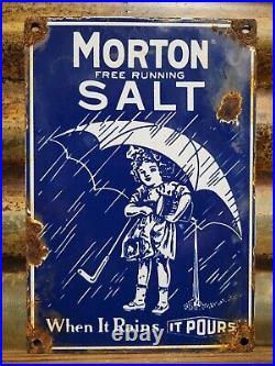 Vintage Morton Salt Porcelain Sign Old General Store Food Kitchen Girl Grocery