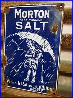 Vintage Morton Salt Porcelain Sign Old General Store Food Kitchen Girl Grocery